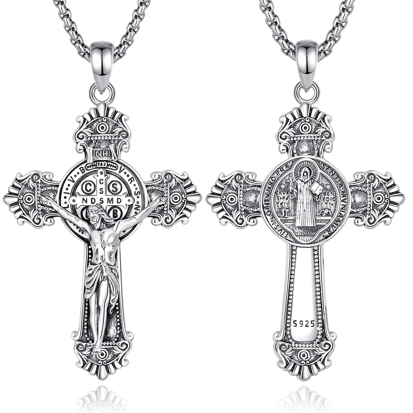 Eudora S925 Sliver Crucifix Cross Pendant with Jesus and NDSMD, Saint Benedict Design, Vintage Jesus Cross Necklace for Men, Religious Jewelry for Motivation