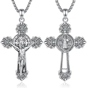 Eudora S925 Sliver Crucifix Cross Pendant with Jesus and NDSMD, Saint Benedict Design, Vintage Jesus Cross Necklace for Men, Religious Jewelry for Motivation