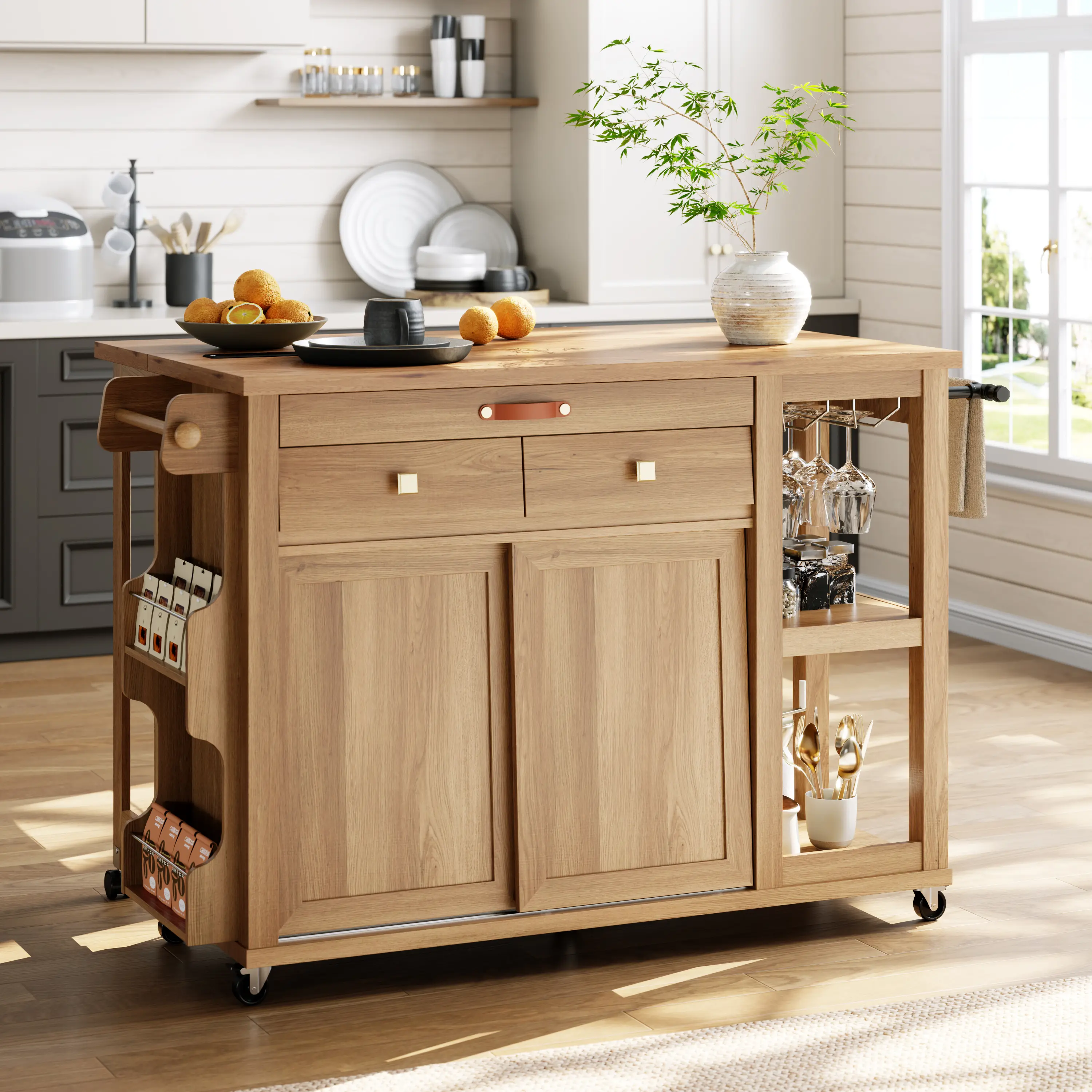 Gyfimoie Large Kitchen Island with Storage & Charging Station, Rolling Kitchen Island Table on Wheels with Drop Leaf & 2 Drawers, Mobile Island Cart with Pull-Out Shelf, Spice Rack Cupboard Furniture