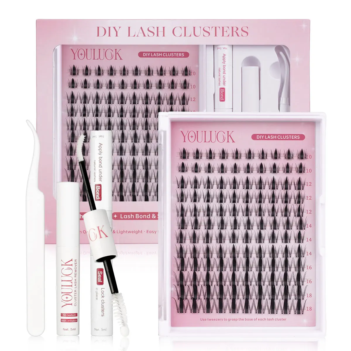 YOULUCK Lash Gray Glue, Waterproof Lightweight Fluffy Lengthening Clusters with Ultra-Thin Band, Bond Seal & Remover & Tweezers, Daily Elegance Accessories Kit False Eyelashes & Adhesives for Beginners,familyfun