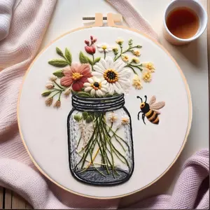 Flower Vase & Bee Pattern Kit, Hand Embroidered 1 Set Embroidery Cloth & Embroidery Hoop & Needle & Instructions, DIY Embroidery Supplies, Handmade Gifts