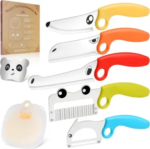 Kids Kitchen Knife Set with Educational Ring, 7-Piece Animal Cooking Tools, Safe Stainless Steel Knives, Finger Guard & Cutting Board, Montessori Cooking Set for Kids