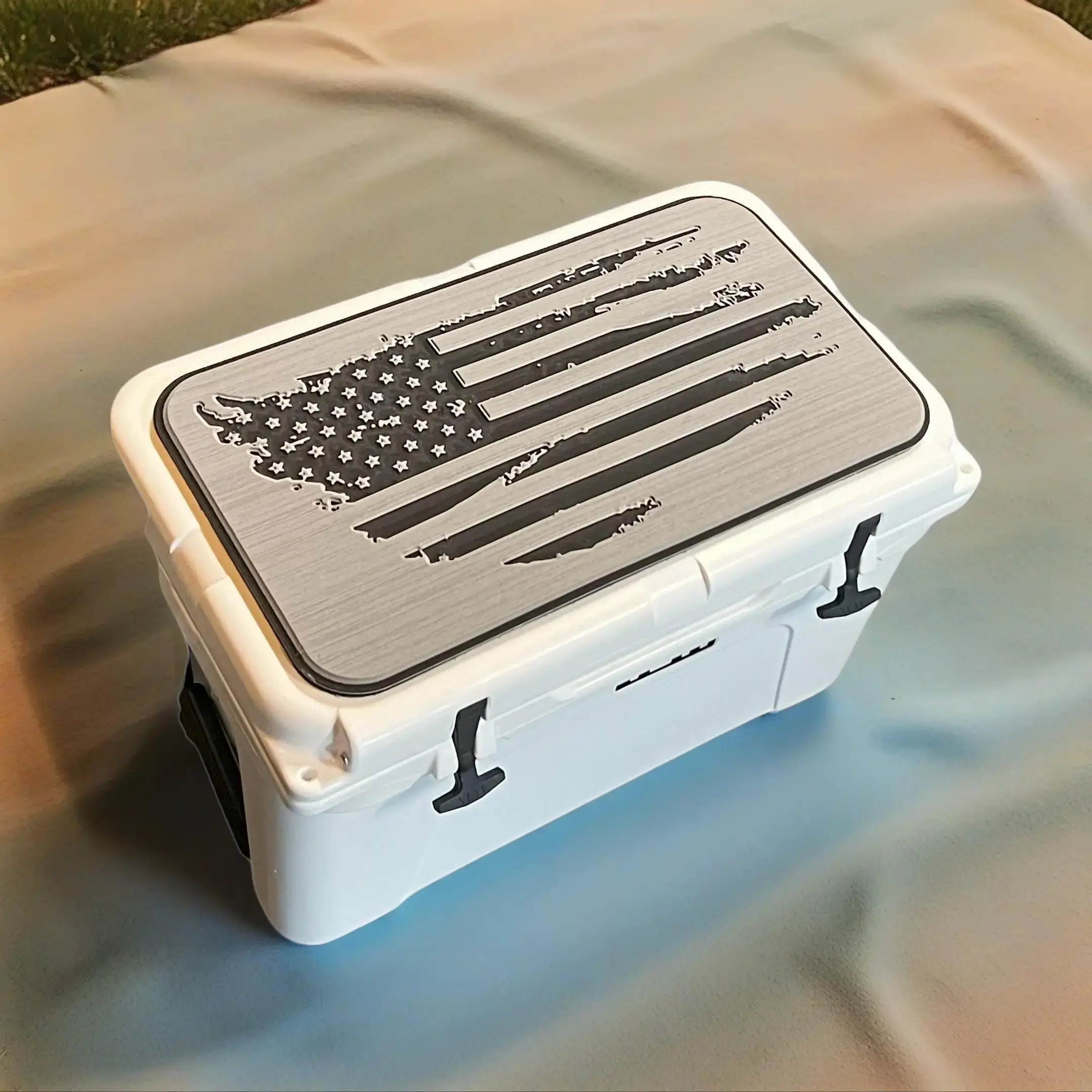 RTIC Cooler Pad with Torn American Flag Logo - Top fits RTIC Cooler Lid- Grey/Black Mat.  Easy peel and stick application. 3M Adhesive. Ice Box
