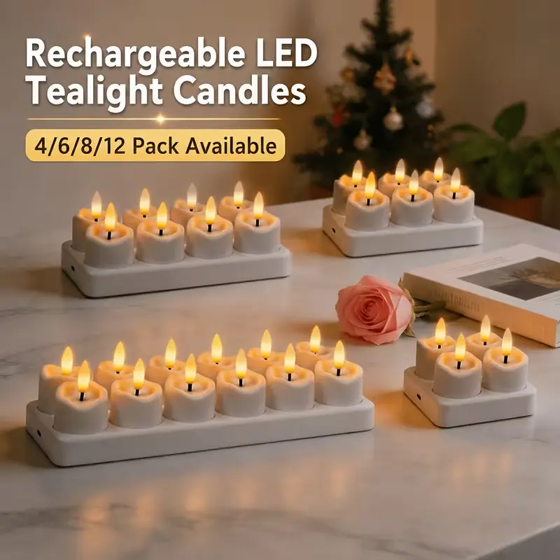 Pack of 4/6/8/12 rechargeable LED tea lights, desktop candle lights, flickering LED candles, suitable for rooms, living rooms, Halloween, Christmas, dining tables and party decorations