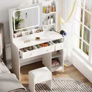 White Vanity Desk Set with Mirror and Lights, Makeup Table with Charging Station, Comfortable Bench, Big Vanity with 3 Storage Compartments, 39.4in