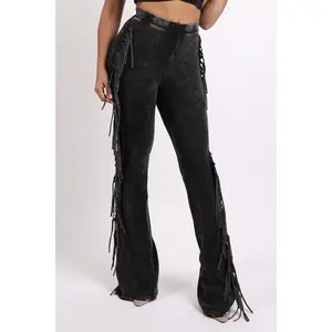 Fringe-Detailed Mineral Washed Pants for Women - Comfortable Cotton and Elastic Design with Flared Side Detail Fit Bottom Western style festival outfit