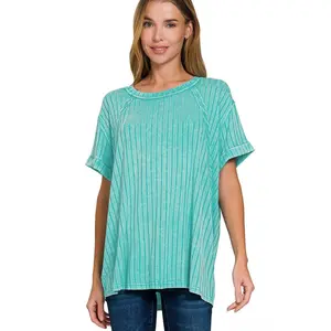 Zenana Acid Washed Ribbed Short Sleeve Boat-Neck Top