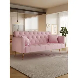 71 inch convertible love seat sofa, American retro pink velvet, suitable for small living room, bedroom, office -W165880948