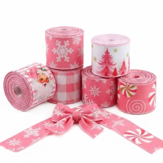Pink Christmas Tree Décor Ribbon with Festive Patterns and Snowflake Accents for Holiday Crafts and Gifts