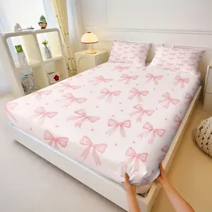 3 PCS Romantic Bowknot Theme Fitted Sheet Set: Simple and Stylish Bedding Set, Breathable and Silky Polyester Material Print, Suitable for Decorating Bedrooms and Living Rooms, Filler Not Included.
