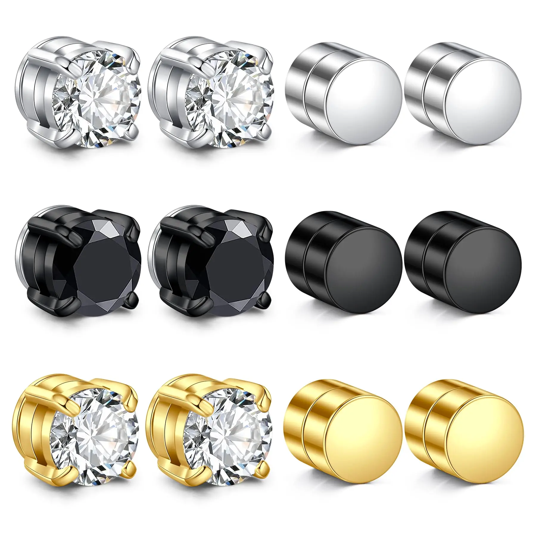 Magnetic Stud Earrings for Men - 2 Pairs 6-8mm Round Cubic Zirconia Non-Piercing Fake Earrings, Hypoallergenic Steel Daily Wear No-Pierced Ear Jewelry, Magnetic Earrings, Round Shape
