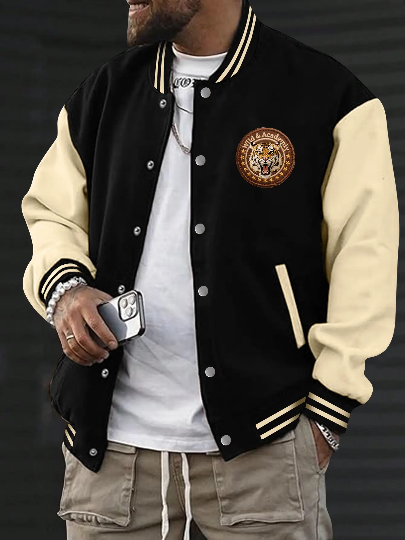 Men's Fleece Long Sleeve Baseball Jacket - Tiger Letter Print, Casual Streetwear, Crew Neck, Button-Up, Kangaroo Pockets