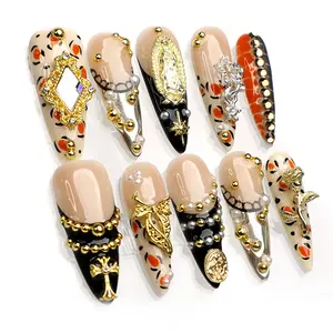PG06 MuseMood | Gilded Whisper - 10PCS Handmade Press-On Nails REUSABLE 3D Gel Fake Nails Acrylic Salon-Quality  Long-Lasting Up to 4 Weeks Leopard Print, Reusable Tabs, Salon-Ready