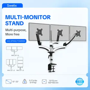 3 MONITORS. ONE STAND. TOTAL IMMERSION. Triple Monitor Arm — Gas Spring Arms, 15-32" Screens, Tilt & Swivel, 17.6lbs per Arm, Cable Management, C-Clamp & Grommet Ergonomic Adjustable Monitor Arm