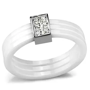 212 MAIN Women's High-Polished Stainless Steel Round Band Ring - White Ceramic Stone, Polished Chrome Ring, Size 7, Polished Chrome Rings