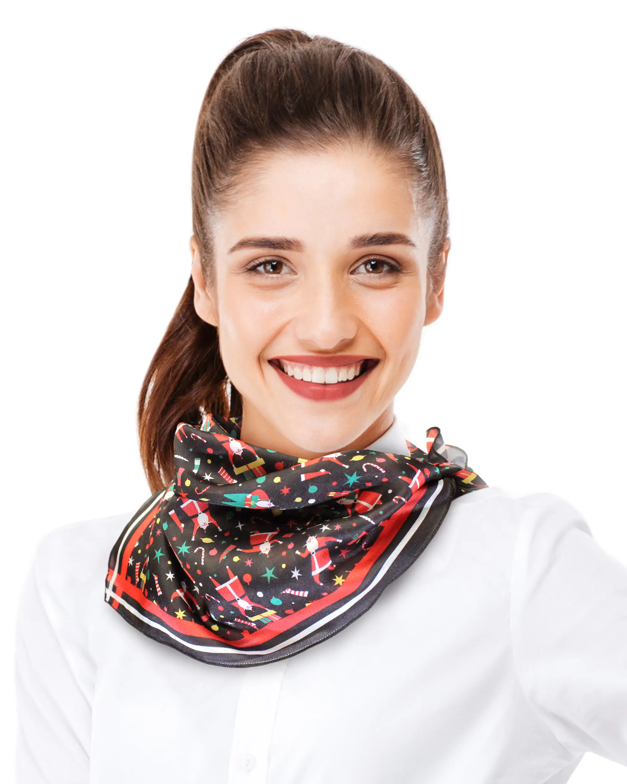 CBC Crown Female Christmas Square Scarf - Classic Santa Claus Print Polyester Neckerchief, Lightweight Silk-Feel Holiday Neckwear, 21" x 21", Hand Wash Synthetic Basic Festive Accessory