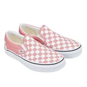 Vans Classic Slip-On Checkerboard Rosette/True White Low Profile Canvas Uppers Iconic Checkerboard Print Supportive Padded Collars Elastic Side Accents
