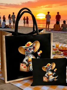 Zebra Print Canvas Tote Bag And Storage Bag Set, Summer Beach Bag, Fashion Bag, Coin Purse, Large Capacity Tote Bag, Reusable Multipurpose Shoulder Bag, Handbag, Fashion Travel Storage Bag, Cosmetic Bag, Shopping Bag.