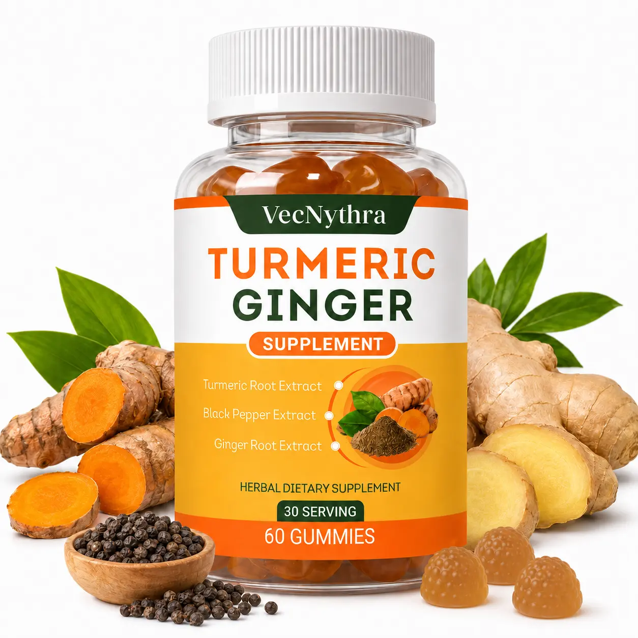 VecNythra Turmeric Ginger Gummies with Black Pepper Extract | 500 mg Turmeric Root Extract per Serving | 60 Count | Herbal Dietary Supplement