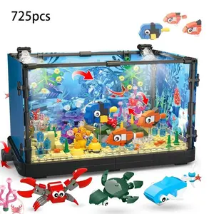 725 pcs of fish tank building blocks, STEM construction toy, illuminated aquarium building set, suitable for children aged 8 and above, includes marine animals such as jellyfish/dolphins/crabs, animal building toy, assembly model gift.