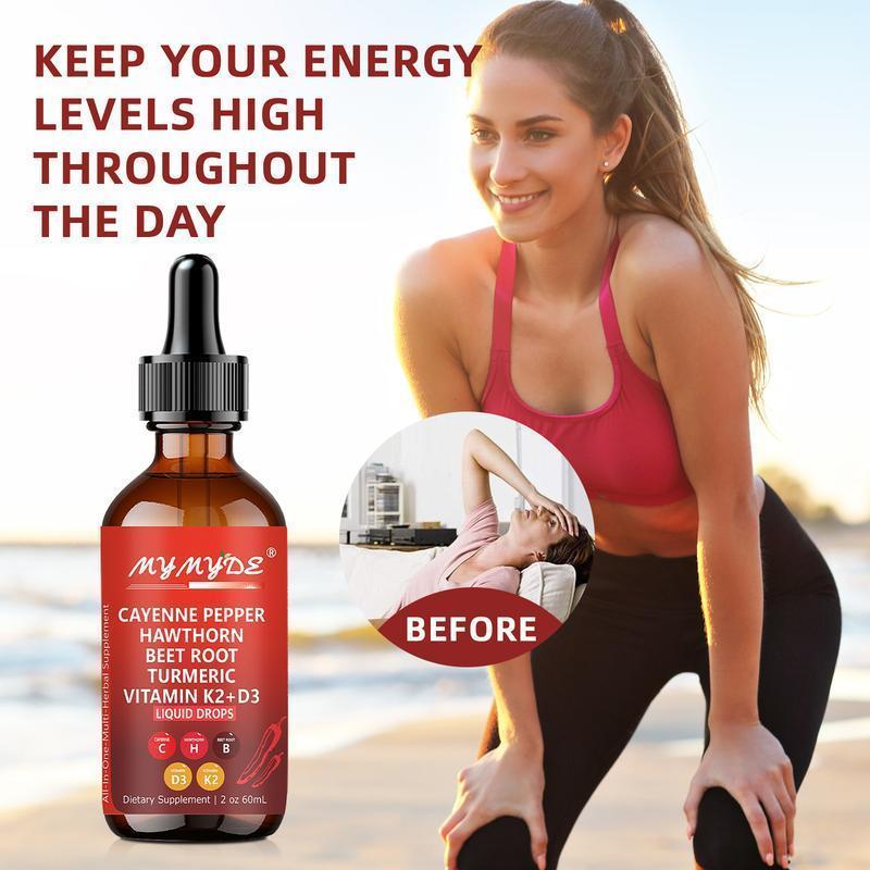 Cayenne Pepper Supplement Liquid Drops + Hawthorn Berry, Vitamin D3 K2 Organic Beet Root Powder, Ceylon Cinnamon, Turmeric Curcumin, Panax Ginseng Healthcare Dietary Edible