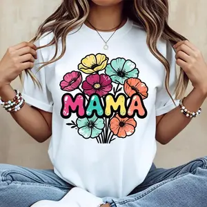 Floral Mama Print T-Shirt, White Crewneck Casual Wear for Women, Mother’s Day Gift, Easter Gifts