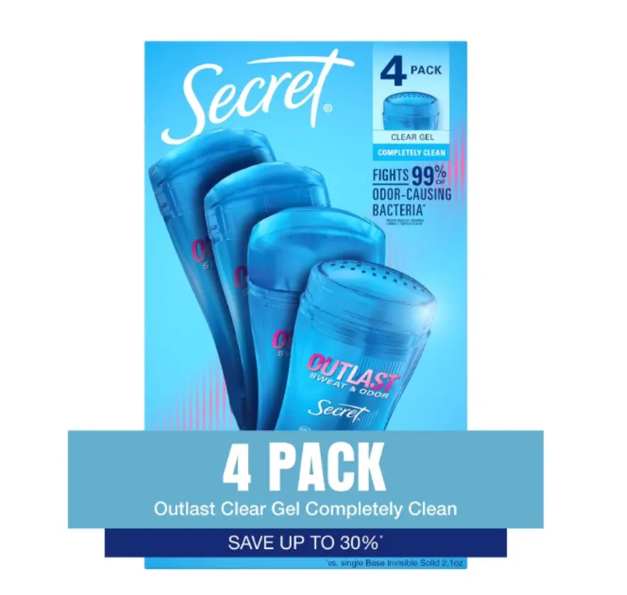 Secret Outlast Clear Gel Deodorant, Completely Clean, 2.6 oz., 4 pk.