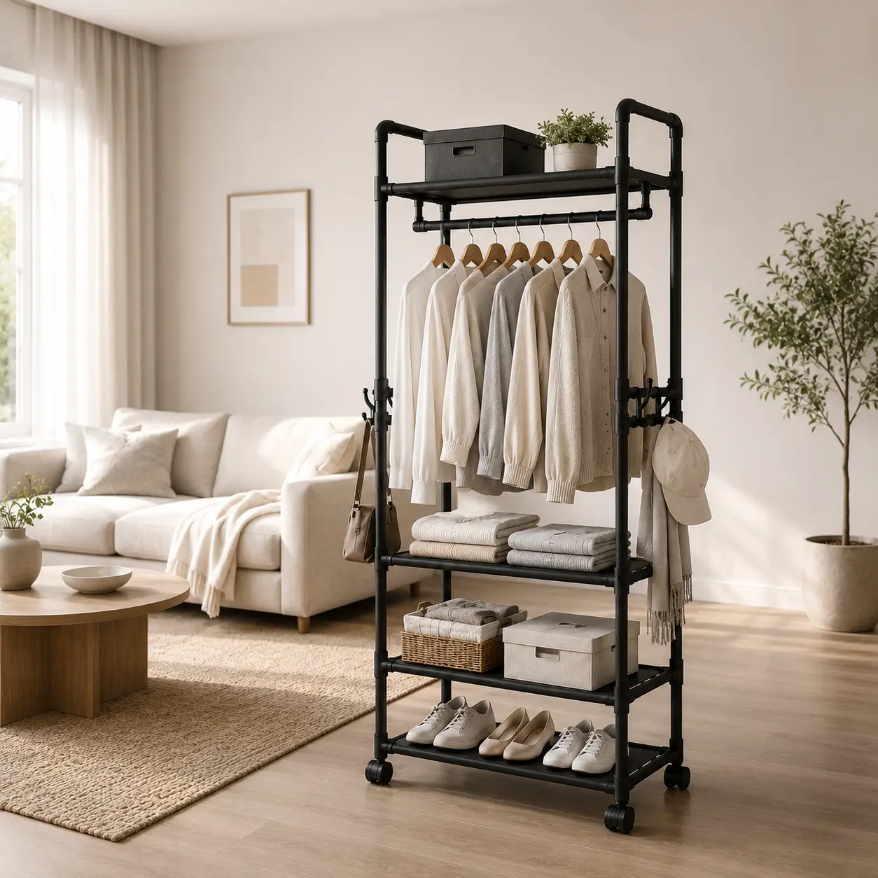 Rolling Garment Rack with Wheels 3-Tier Clothing Organizer Freestanding Clothes Storage Cart with Shoe Shelves Space Saving Wardrobe Rack for Bedroom Entryway Apartment Closet