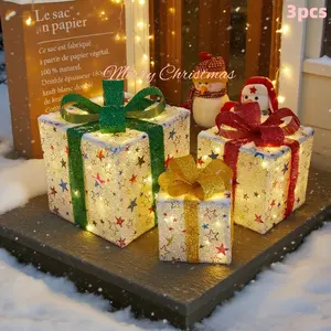 3-Piece Christmas Light Gift Box Set with Remote Control Holiday Ribbon Decoration Indoor Outdoor Use Warm Glowing Lights Home Decoration Ornaments