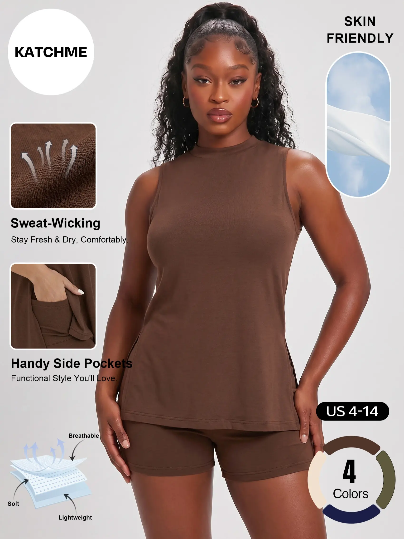 Katch Me Chic Women's Casual Solid Color Sleeveless Loose Top & Side Pocket Shorts Sweat-Wicking Co-ord, Basic Skin-Friendly Breathable Sets, Summer Anti-Pilling Stretch Outfits