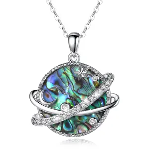 Eudora S925 Sliver Celestial Saturn Universe Pendant, Abalone Shell Planet Necklace with Moon & Star, Spiritual Galaxy Jewelry for Women