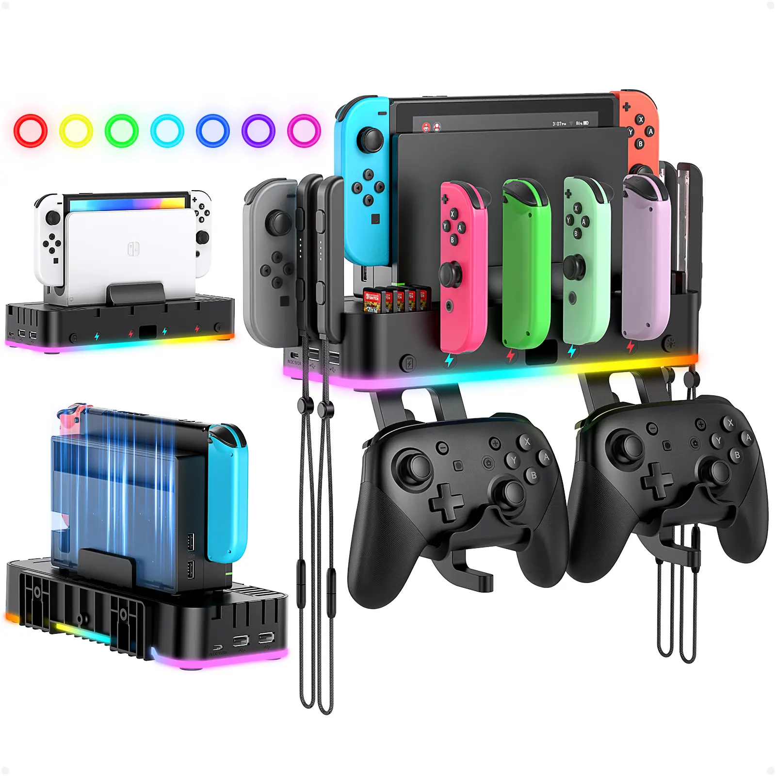 RGB Switch Wall Mount for Joy-Con Charger, Switch Holder for Nintendo Switch 1/ OLED with Switch Organizer, Switch Accessories with 15 Light Mode, 4 Controller Charger, 2 USB Port, 10 Card Slot