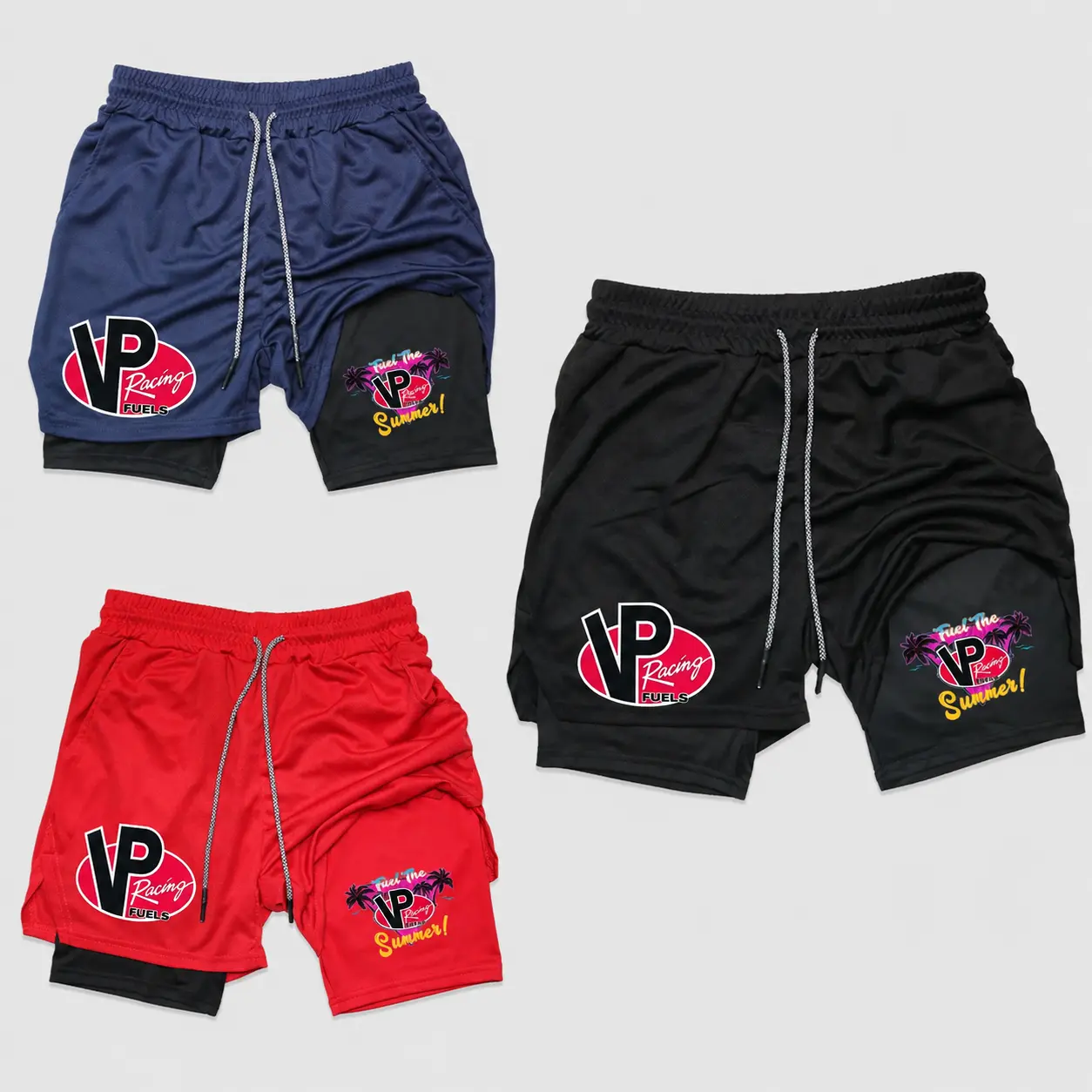 3-Pack Men's Streetwear 2-in-1 VP Racing Shorts Sweat Shorts with Racing Graphic Print Drawstring Waist Casual Summer Shorts for Men Trendy Drip Clothing