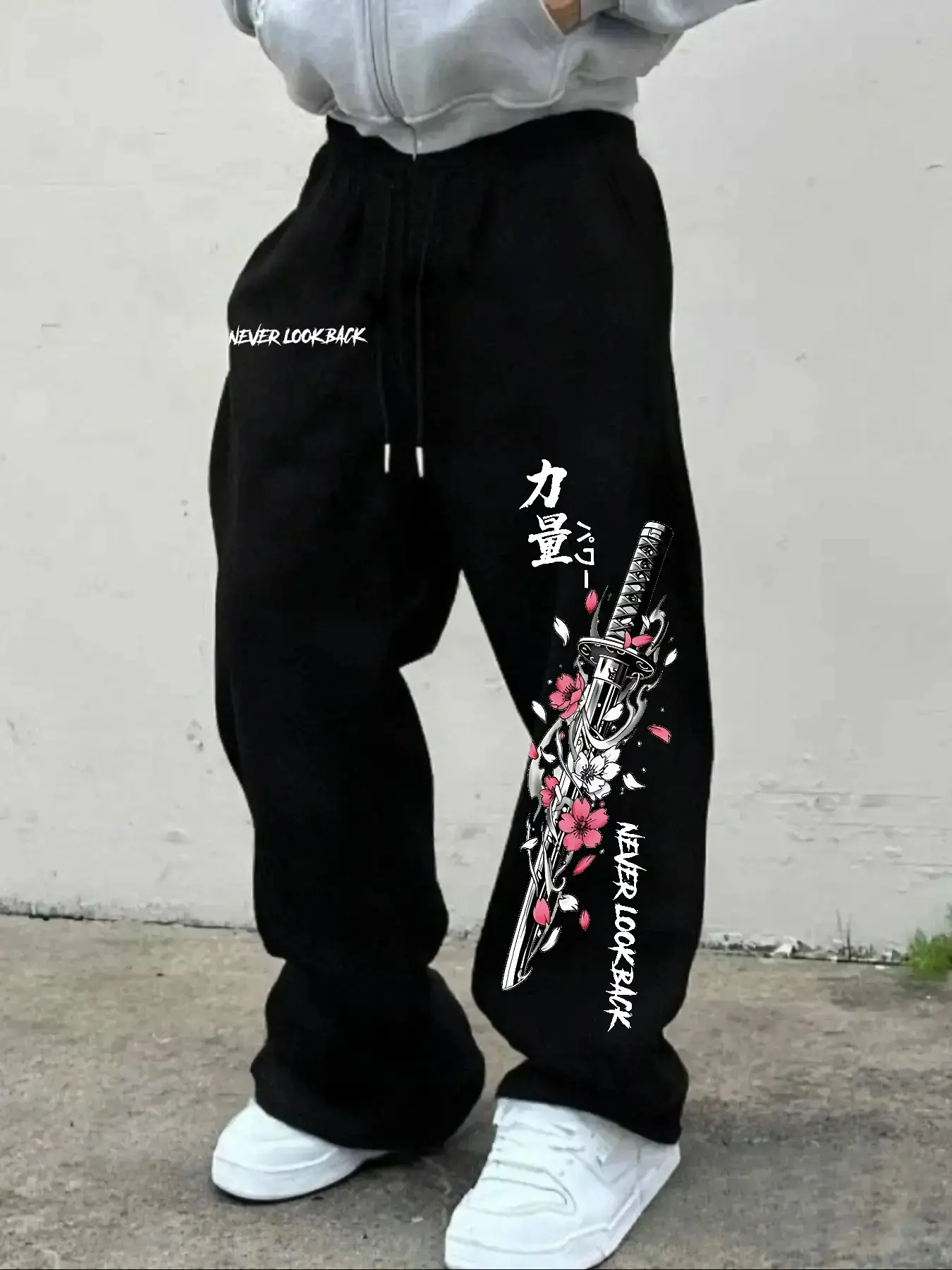 Men's Casual Sport Pants, Samurai Sword & Cherry Blossom Print, Drawstring Wide Leg, Loose Fit, All Seasons Wear, Men's Fashion Long Pants, Casual Sports Pants