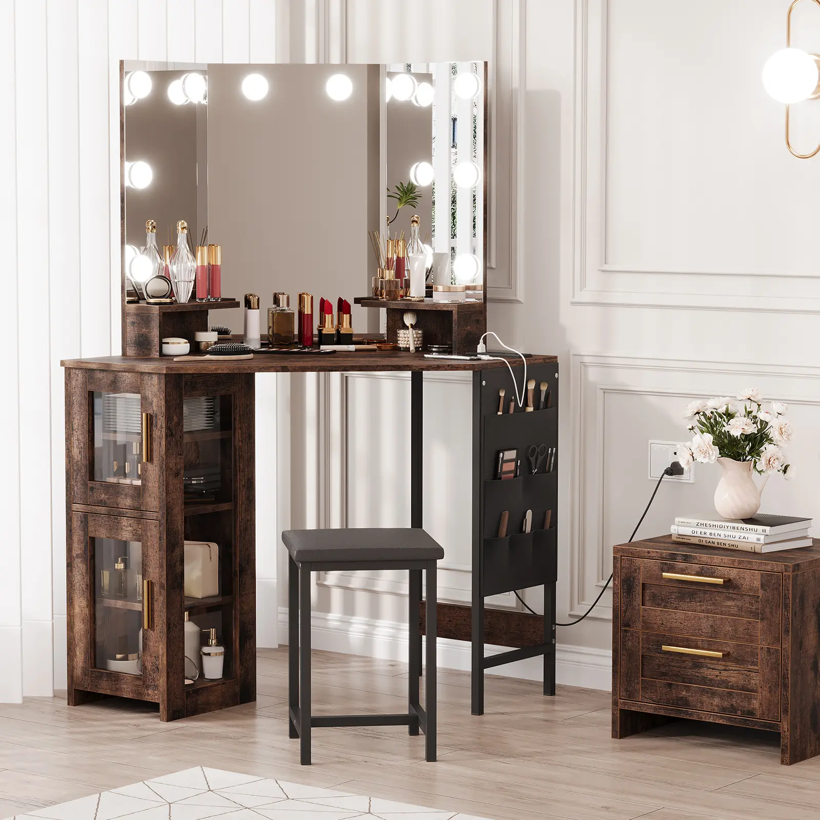 Corner Vanity Desk with Mirror & Lights, 3-Fold Mirror with 3 Light Modes, Charging Station & Storage Cabinet, Makeup Dressing Table for Bedroom