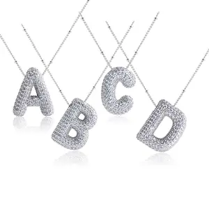 Trendy Silver Plated Initial Bubble Letter Necklace, Rhinestone Decor Personalized Jewelry Gift for Women Men