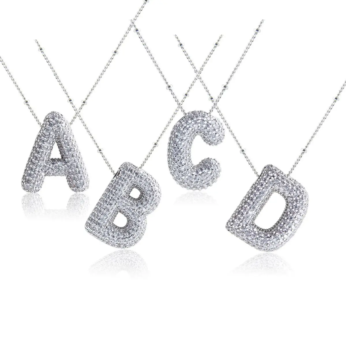 Trendy Silver Plated Initial Bubble Letter Necklace, Rhinestone Decor Personalized Jewelry Gift for Women Men