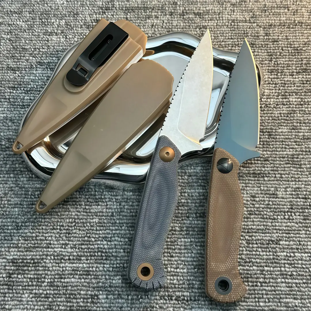 The 203 EDC fixed-blade knife features a compact design and a textured, non-slip handle, combining a stylish aesthetic with practical outdoor functionality.