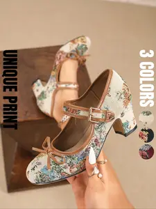 Elegant Women's Mary Jane High Heels, Unique Print Cute Bowknot, Fashion Round Toe Chunky Heel, Comfortable Dual Strap Design