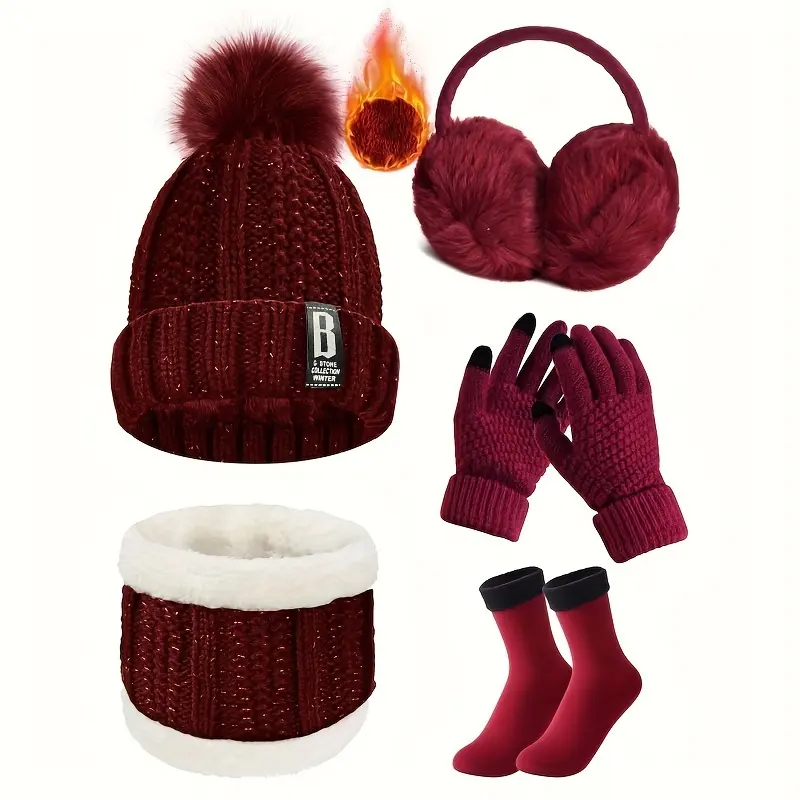 Female Winter 5-Piece Warm Kit, Plush Fleece-Lined Women's Accessory Set with Knit Beanie, Touchscreen Gloves, Earmuffs & Warm Socks for Outdoor Sports