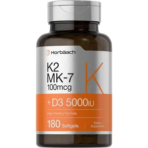 Horbäach Vitamin D3 K2 5000 iu | 100mcg MK-7 Complex | 180 Softgel Capsules | Non-GMO & Gluten Free Supplement