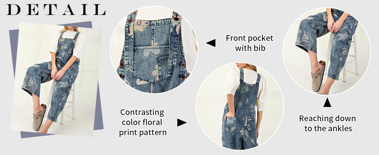 Chouyatou Women's Y2K Casual Denim Jumpsuits Baggy Floral Printed Distressed Wide Leg Bib Overalls