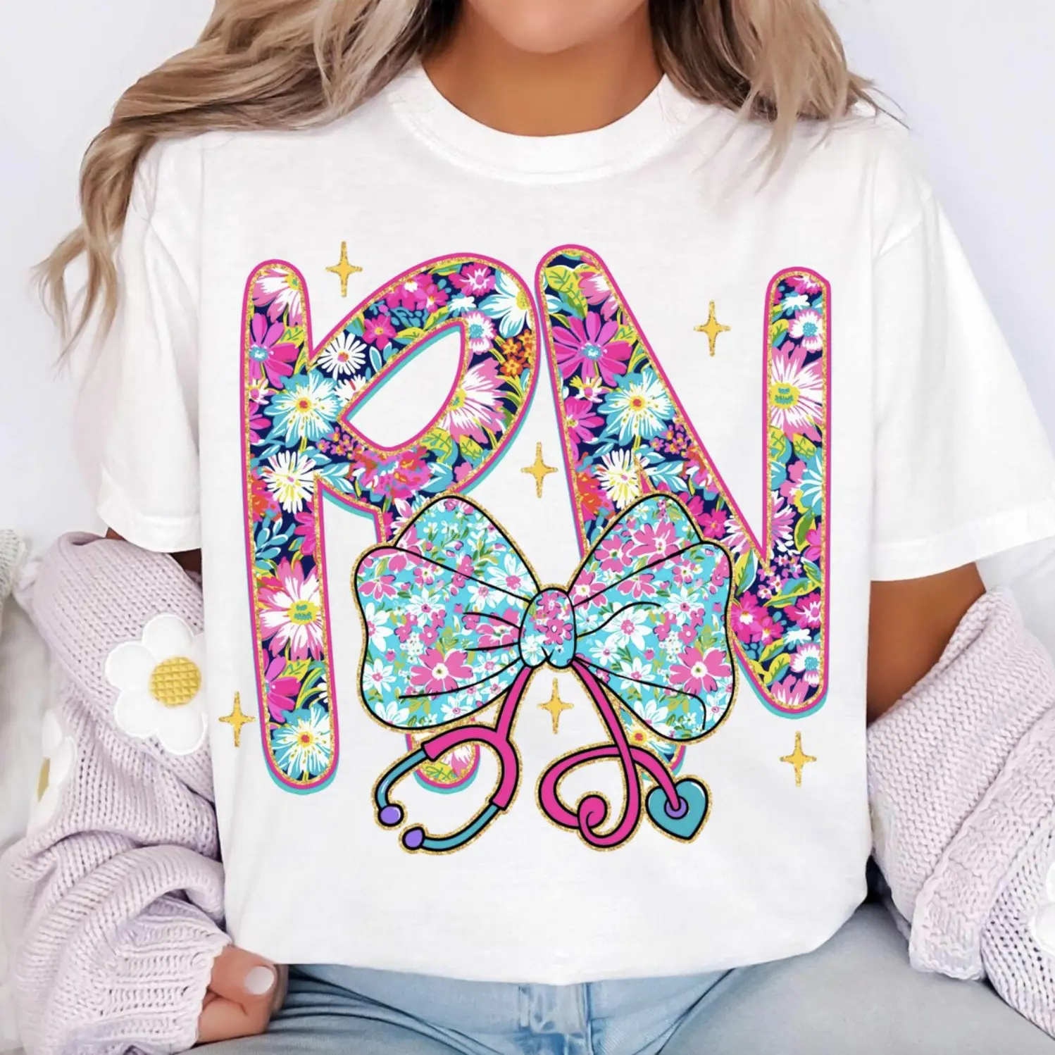 Nurse Shirt, Floral Stethoscope Shirt, Registered Nurse RN Shirt, Nurse Life Gifts, Preppy Nursing Tee, Medical Healthcare Tshirt, Nurse Coquette Bow