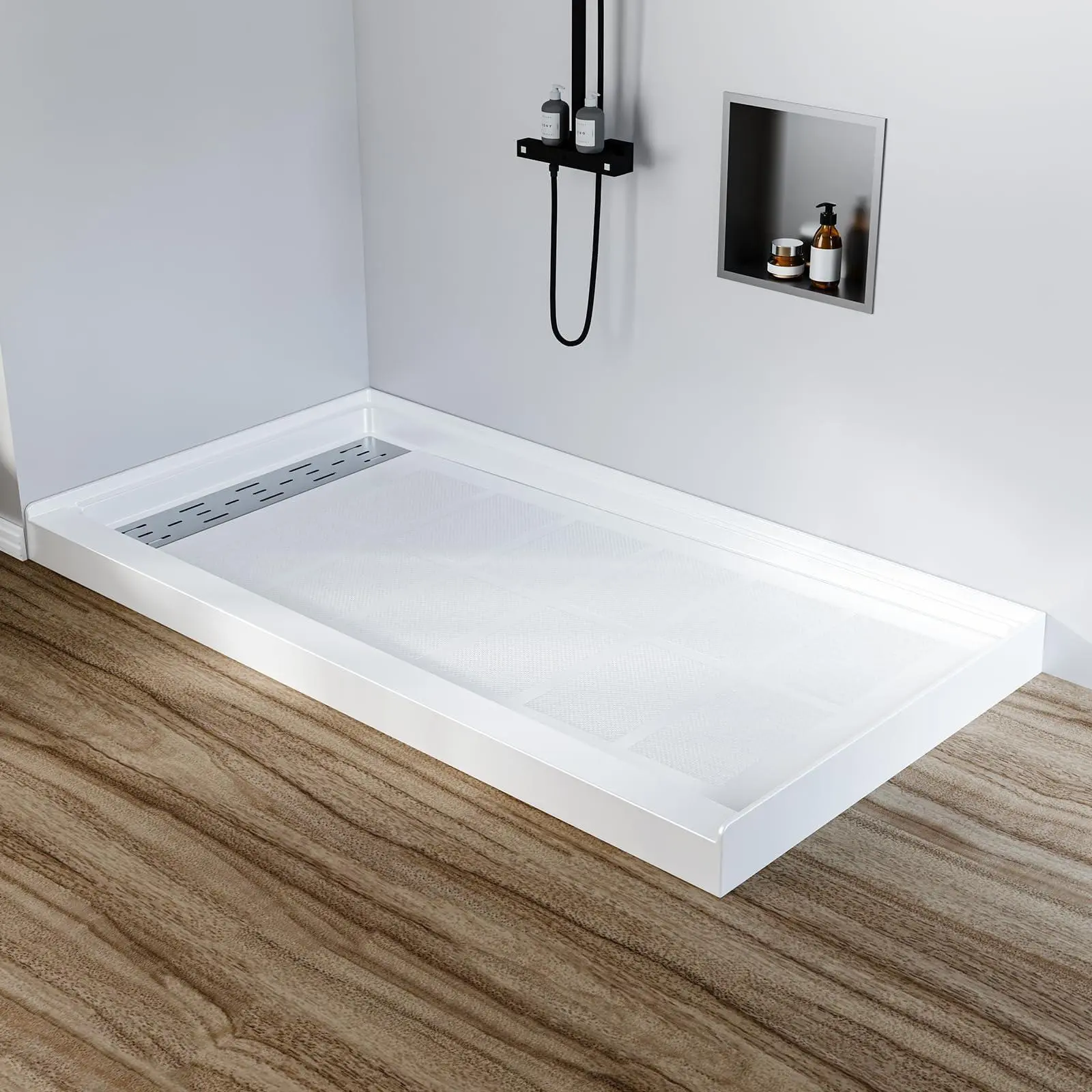 Gaomon 60"x36" Rectangular Non-Slip Stainless Steel Pan, Left Drain Single Threshold Shower Tray Kit with 304 Stainless Steel Linear Drain Cover, White Bathroom Floor Kit, One Kit