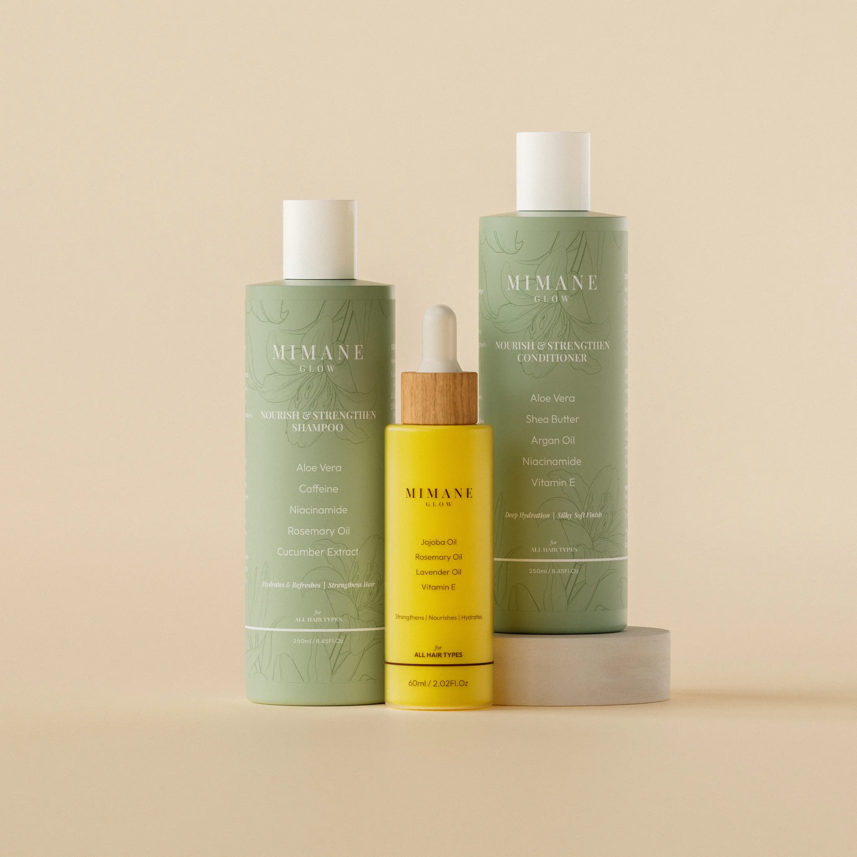 Mimane Glow – The Glow Kit | Nourish & Strengthen Shampoo + Conditioner & Growth Hair Oil Set | Strengthens, Hydrates & Boosts Shine | Sulfate-Free, Silicone-Free, Paraben-Free | Natural Aloe, Jojoba, Pumpkin & Rosemary