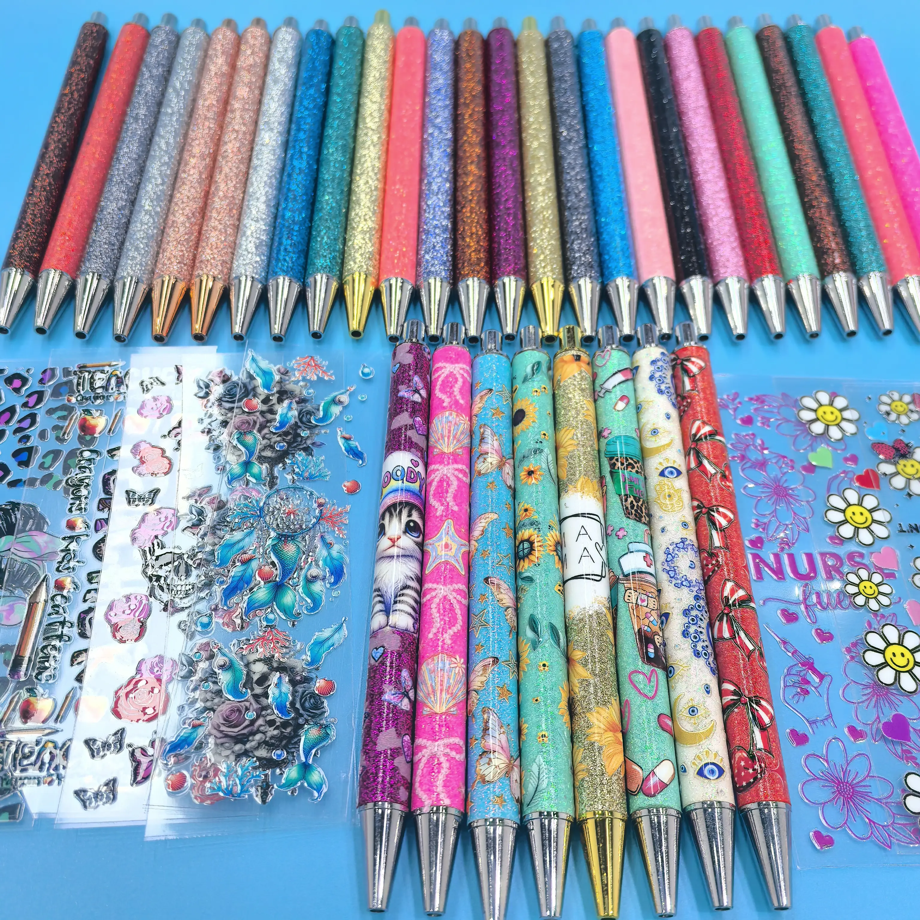 Cartoon Decal Stickers 50-Piece Set, UV DTF Pen Wraps with 24 Pens in 12 Colors for DIY Crafts, Decal Sticker, Cartoon Art, Crafts Kit