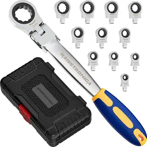 12-in-1 Interchangeable Head Ratcheting Wrench Set 8-19mm Metric – Flex Head Combination Wrench Tool for Auto Repair, Mechanics & Gift for Men