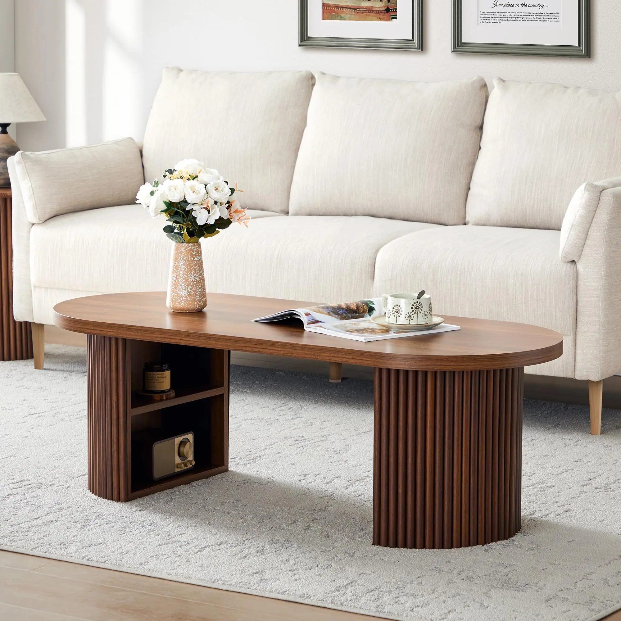 Giratree Oval Fluted Coffee Table for Living Room, Mid Century Modern Coffee Table with Storage, Curved Round Wooden Center Table for Home, Office, Cafe, Vintage