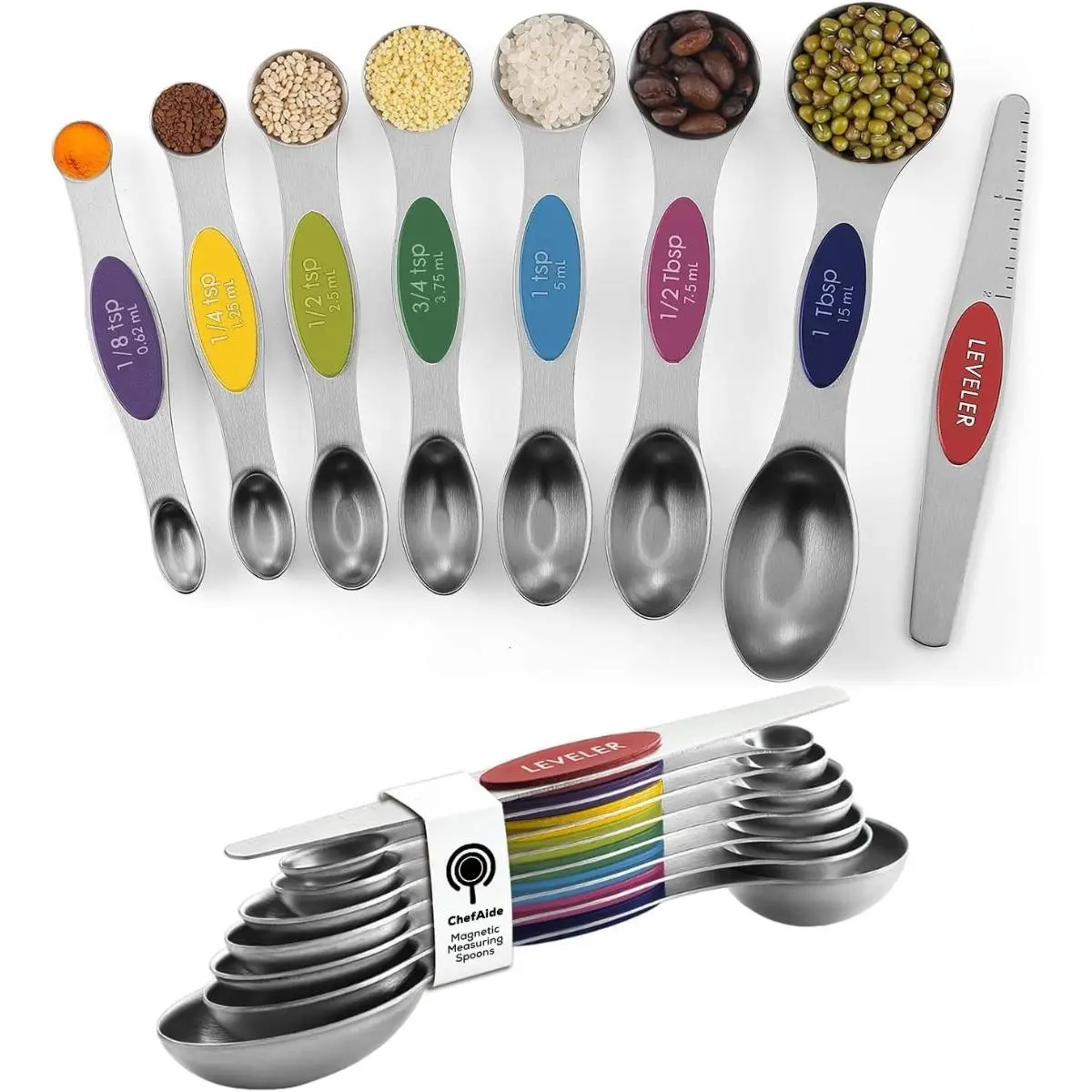 Pack of 8 Stainless Steel Magnetic Measuring Spoons Set, Dual Sided, Stackable, Adjustable Teaspoon and Tablespoon Measure Spoon with Leveler, Kitchen Gadgets