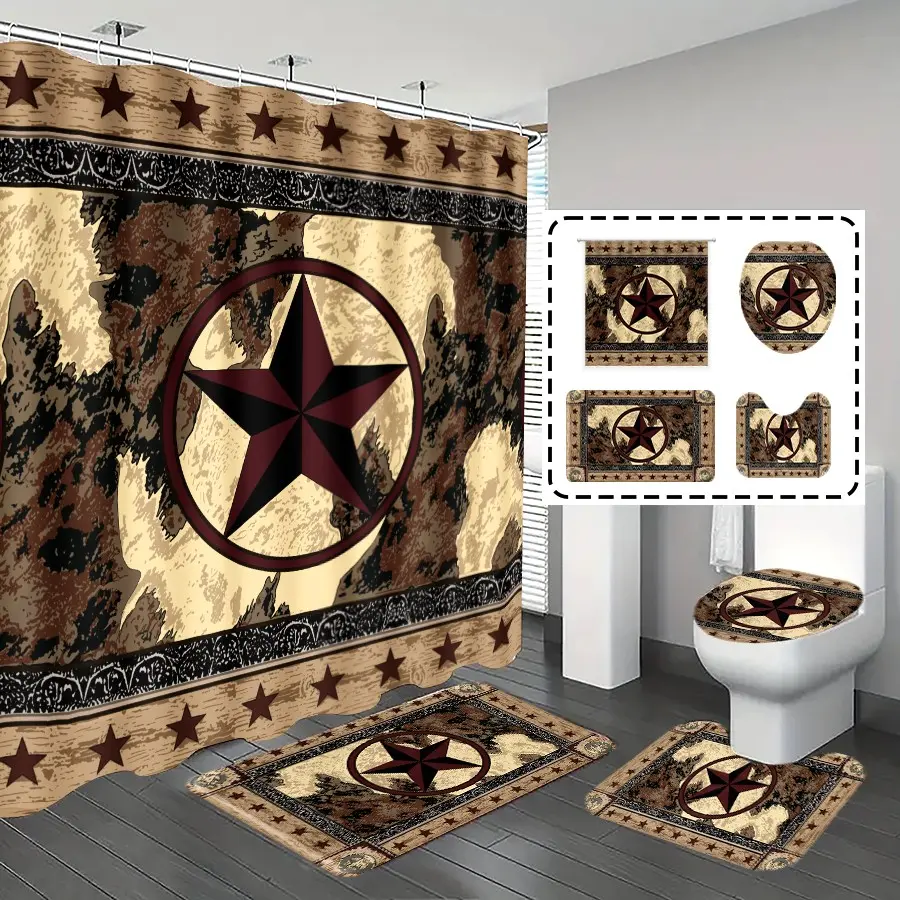 1pc/4pcs, Boho shower curtain, Shower Curtain Set With Rugs, Bathroom Shower Curtain Sets, bathroom curtains shower, bathroom rug, bath mat, cow pattern and star pattern, with 12 hooks, Shower Curtain Set For Bathroom